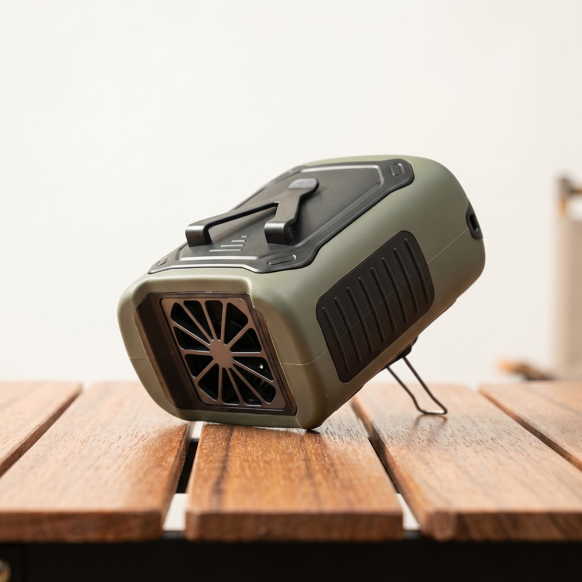 Portable fan on a wooden surface with a blurred background