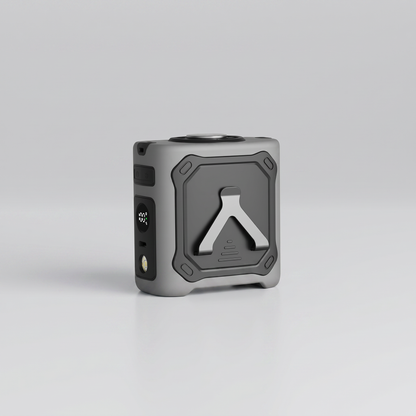 Gray electronic device with a logo on a light gray background