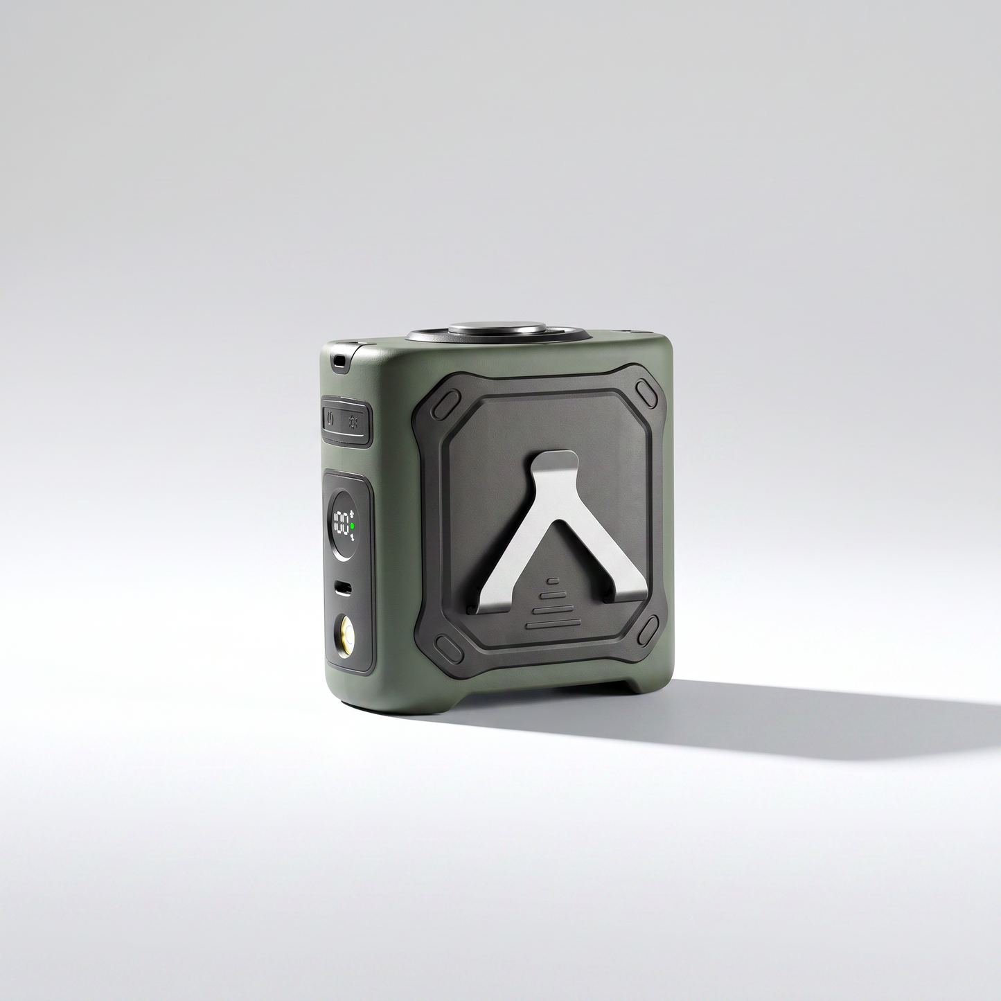 Gray electronic device with a logo on a light gray background