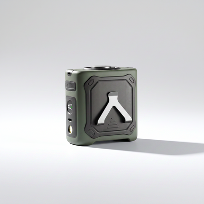 Gray electronic device with a logo on a light gray background